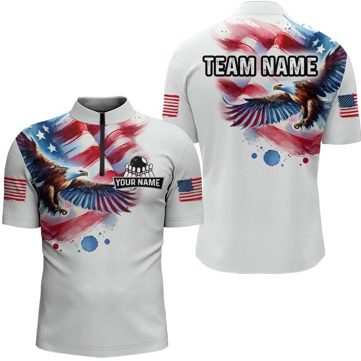 Patriotic Eagle Bowling Shirts American Flag Bowling Polo & 1/4 Shirt for Men Women MBL12