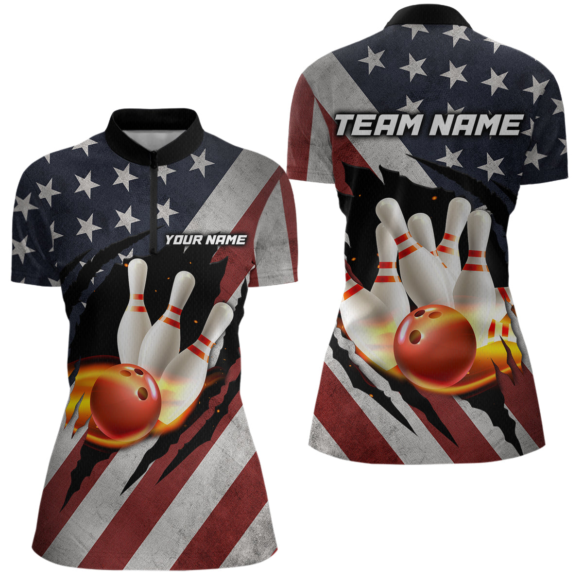 American Flag Bowling Shirt Fire Patriotic Bowling Shirts for Men Women Bowling Jersey MBL19
