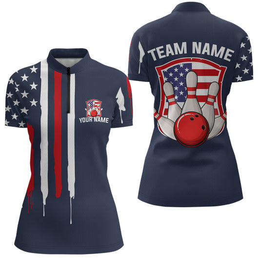 American Flag Bowling Shirt Patriotic Bowling Jersey for Men Women Bowling Polo&1/4 Zip MBL25