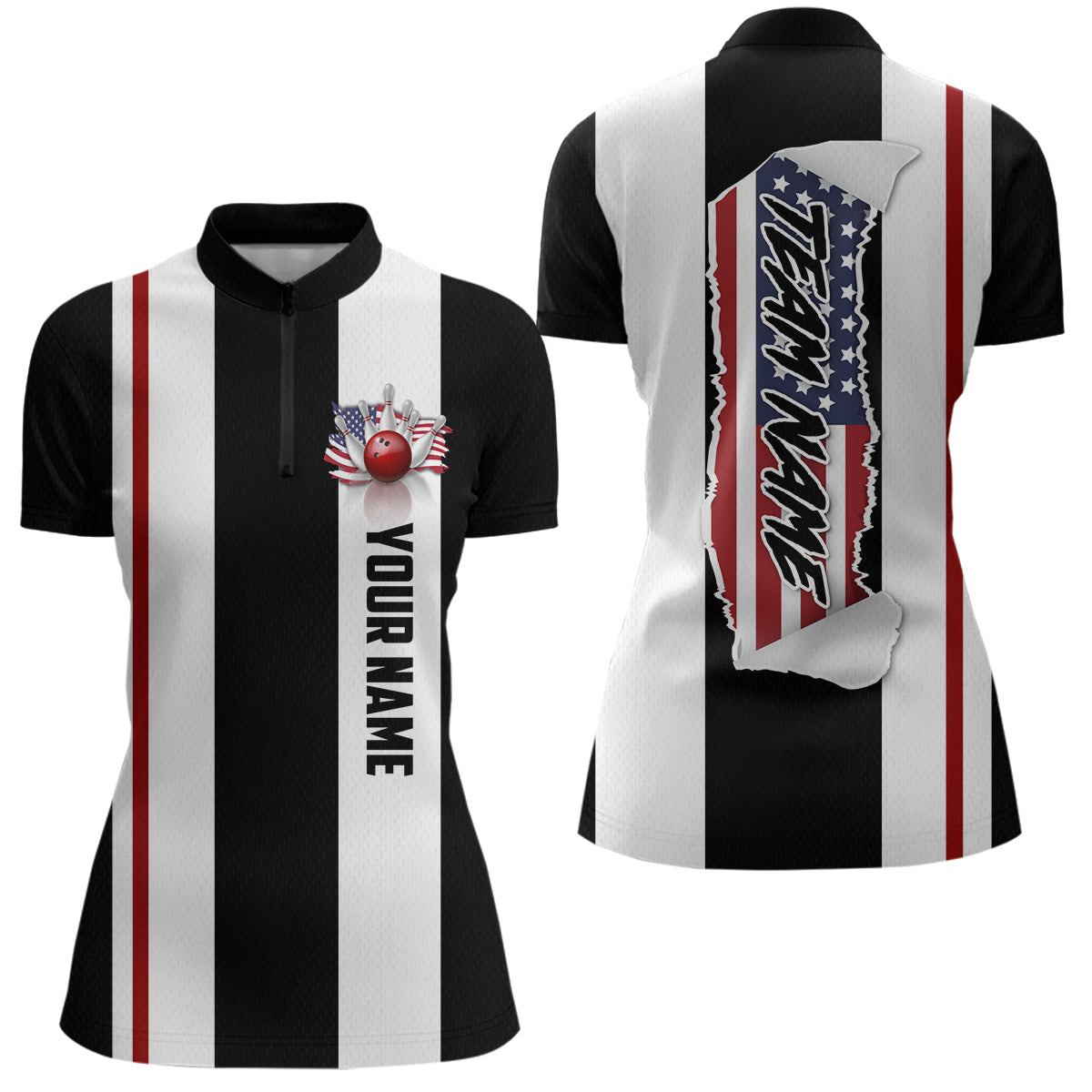 American Flag Bowling Shirt Patriotic Bowling Jersey for Men Women Bowling Polo&1/4 Zip MBL29