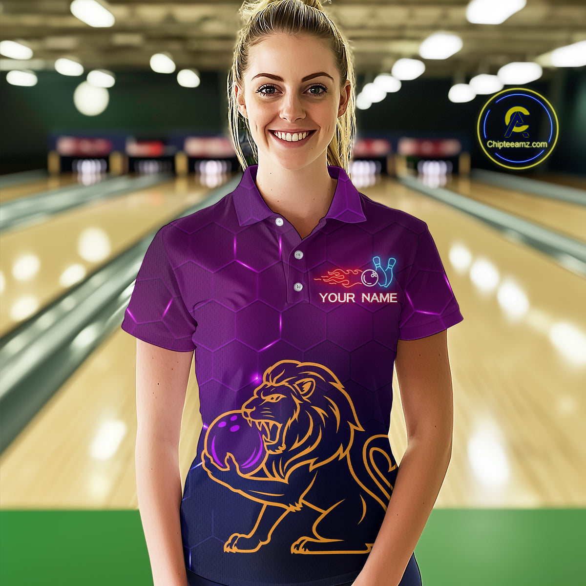 Neon Purple Lion Bowling Shirts for Men Women Team Bowling Jerseys Polo and Zip Shirt MBL165