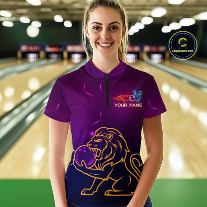 Neon Purple Lion Bowling Shirts for Men Women Team Bowling Jerseys Polo and Zip Shirt MBL165