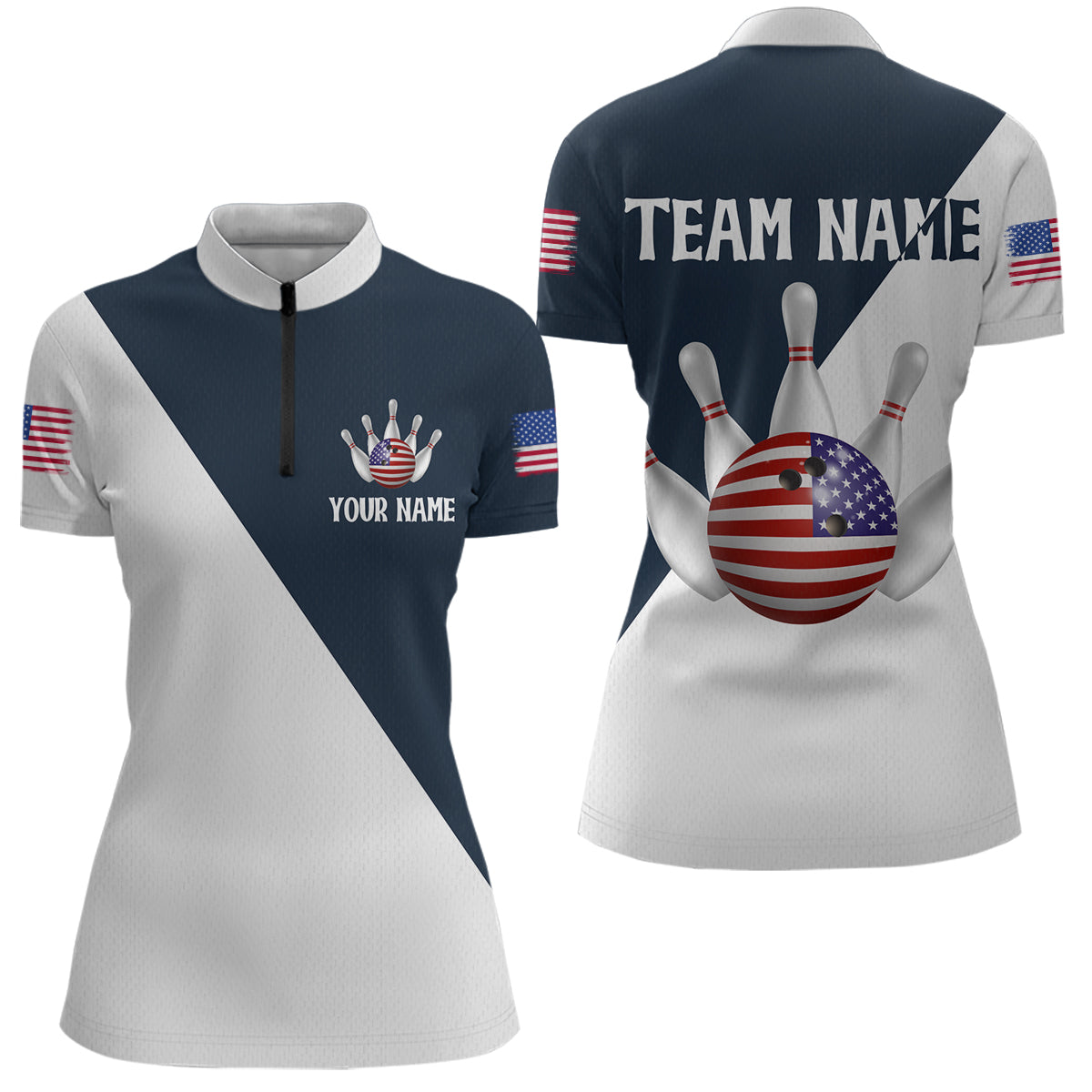 American Flag Bowling Shirts Blue&White Bowling Jersey for Men Women Bowling Jersey MBL34