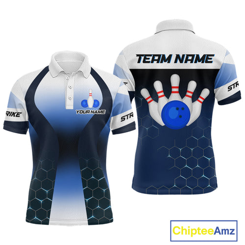 White and Blue Bowling Shirts for Men Women Team Custom Bowling Polo & Quarter Zip MBL105