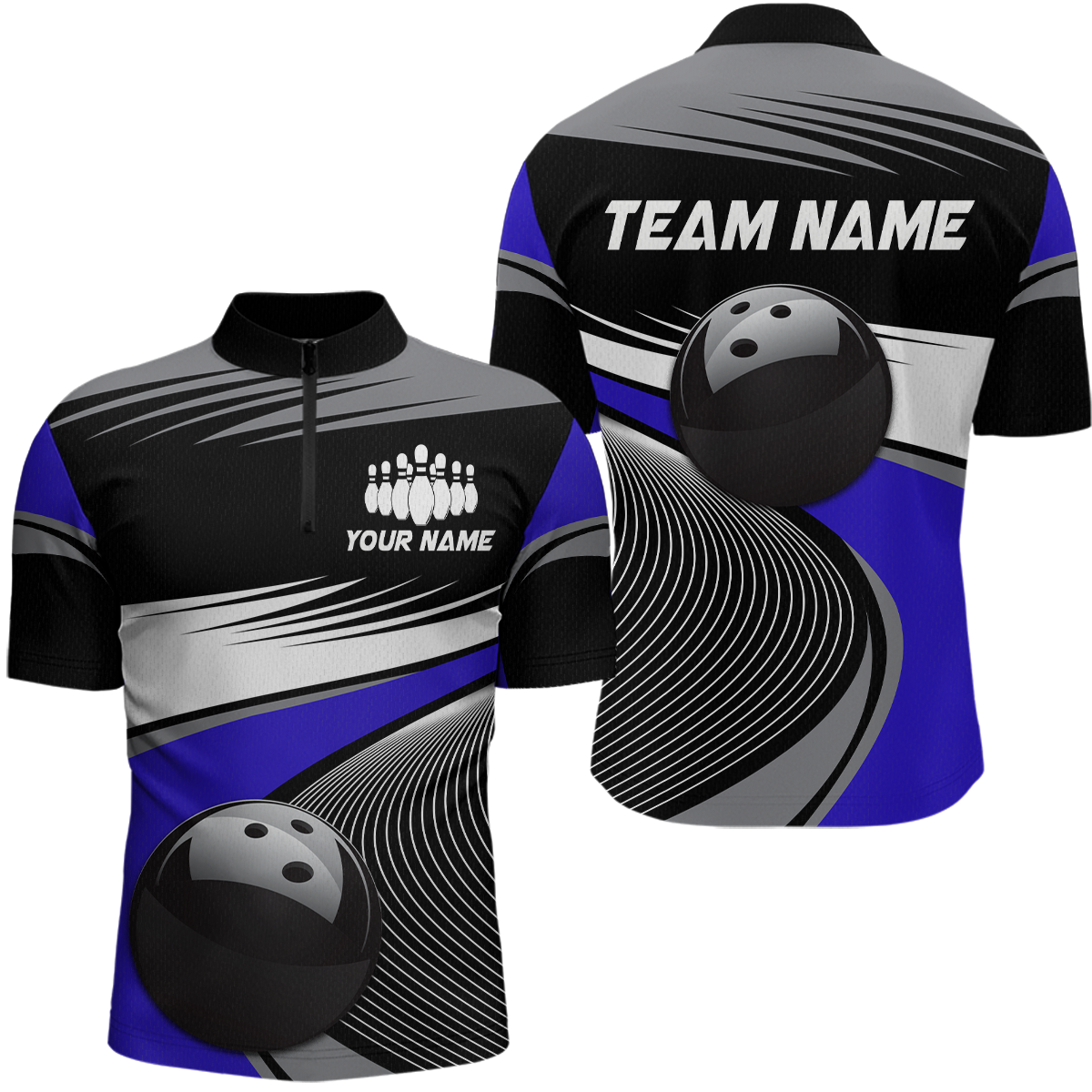 Black&Blue Bowling Shirt for Men Women Team Custom Bowling Polo & 1/4 Zip Shirt MBL43