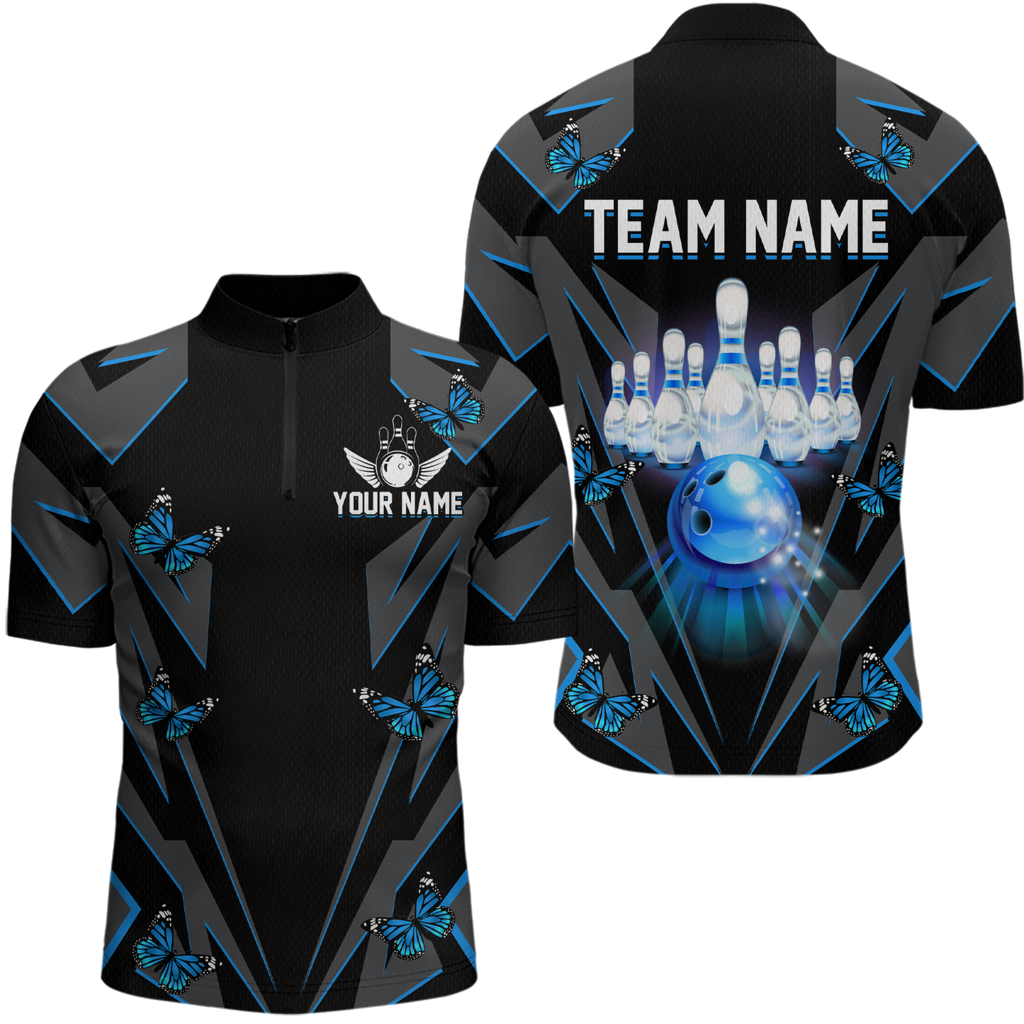 Customize Blue Butterflies Bowling Shirts for Men Women Team Bowling Polo & 1/4 Zip MBL78