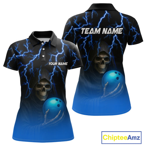 Custom Blue Thunder Skeleton Bowling Jersey for Women Bowling Polo & 1/4 Zip Bowling Team Shirts HNT108