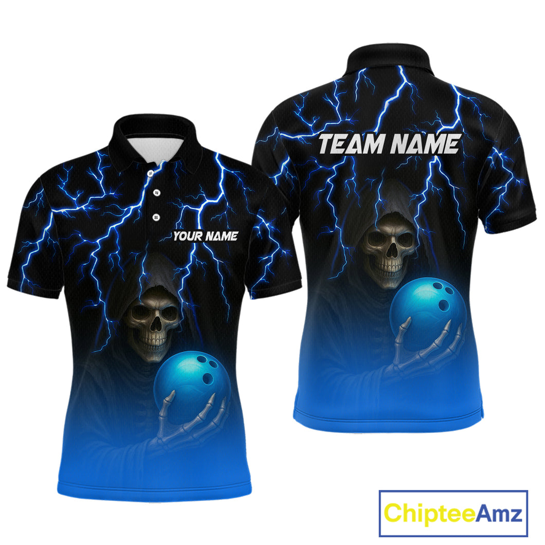 Custom Blue Thunder Skeleton Bowling Jersey for Men Bowling Polo & 1/4 Zip Bowling Team Shirts HNT108