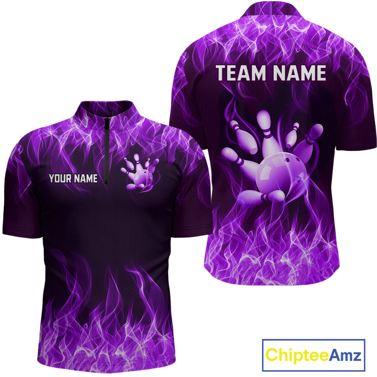 Custom Purple Flame Bowling Jersey for Men Bowling Uniform Polo & 1/4 Zip Bowling Team Shirts HNT106