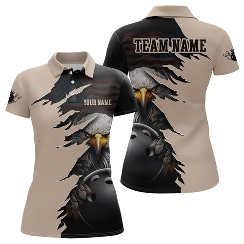 US Flag Eagle 3D Bowling Shirt for Women Custom Name Polo & Quarter-zip Bowling Jersey with Team HNT05