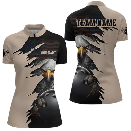 US Flag Eagle 3D Bowling Shirt for Women Custom Name Polo & Quarter-zip Bowling Jersey with Team HNT05