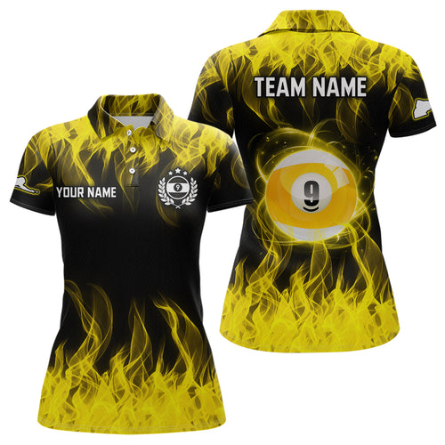 Personalized Yellow Flaming Billiard Jerseys 9 Ball Pool Billiard Shirts for Women Team Polo & 1/4 Zip Shirt NNT32