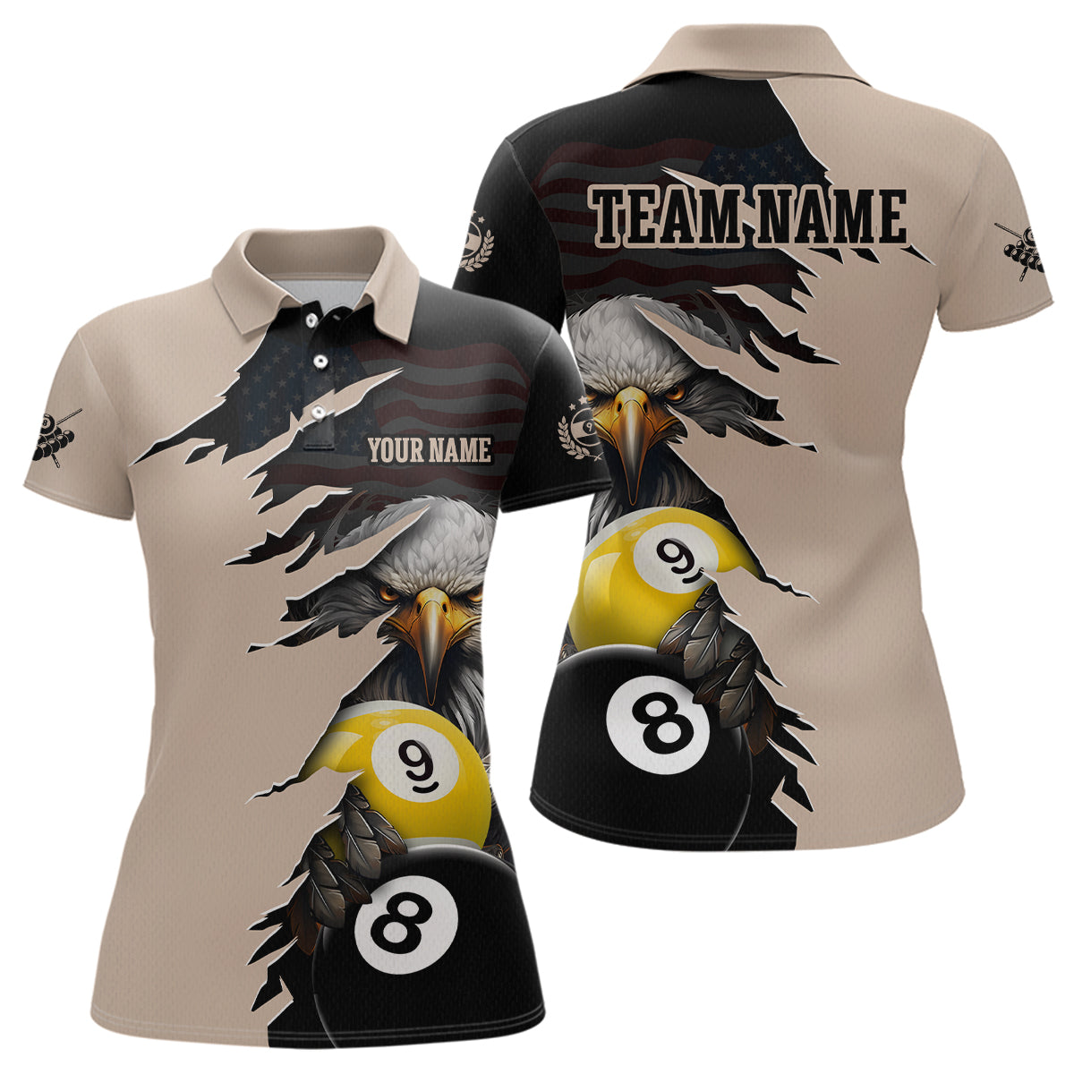 Personalized American Flag Eagle 8 & 9 Billiard Jersey for Women Billiard Shirt Polo & 1/4 Zip NNT38