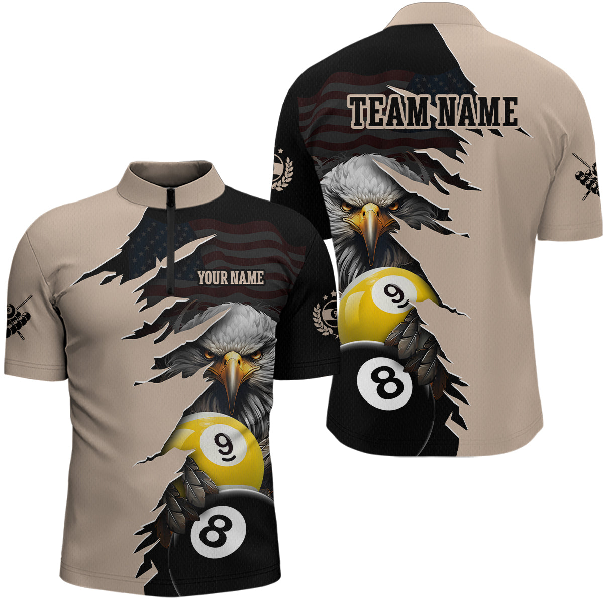 Personalized American Flag Eagle 8 & 9 Billiard Jersey for Men Billiard Shirt Polo & 1/4 Zip NNT38