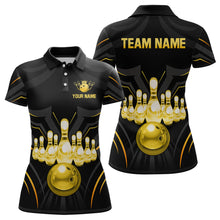 Load image into Gallery viewer, Black and Gold Custom Name Bowling Jerseys For Women Bowling Team Shirts Bowling Pin And Ball HNT26