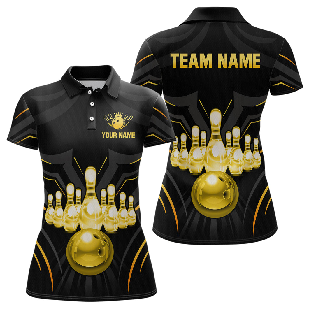 Black and Gold Custom Name Bowling Jerseys For Women Bowling Team Shirts Bowling Pin And Ball HNT26