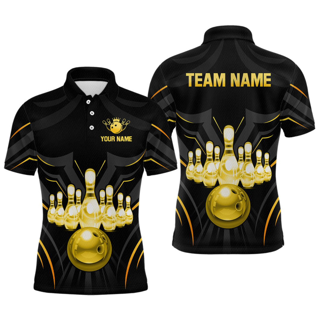 Black and Gold Custom Name Bowling Jerseys For Men Bowling Team Shirts Bowling Pin And Ball HNT26