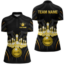 Load image into Gallery viewer, Black and Gold Custom Name Bowling Jerseys For Women Bowling Team Shirts Bowling Pin And Ball HNT26