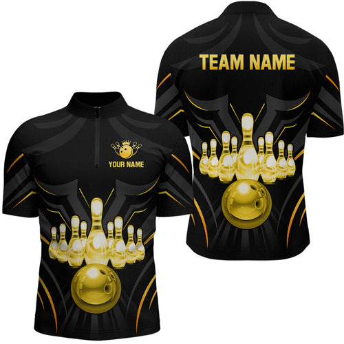 Black and Gold Custom Name Bowling Jerseys For Men Bowling Team Shirts Bowling Pin And Ball HNT26