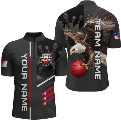 Personalized US Flag Eagle Bowling Shirt Bowling Jersey for Men Polo & 1/4 Zip Shirt Team League HNT24