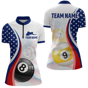 US Flag Billiard Shirt 8 9 Ball Billiard Jersey Women Performance Billiard Shirt for Women Team Polo & 1/4 Zip NNT15