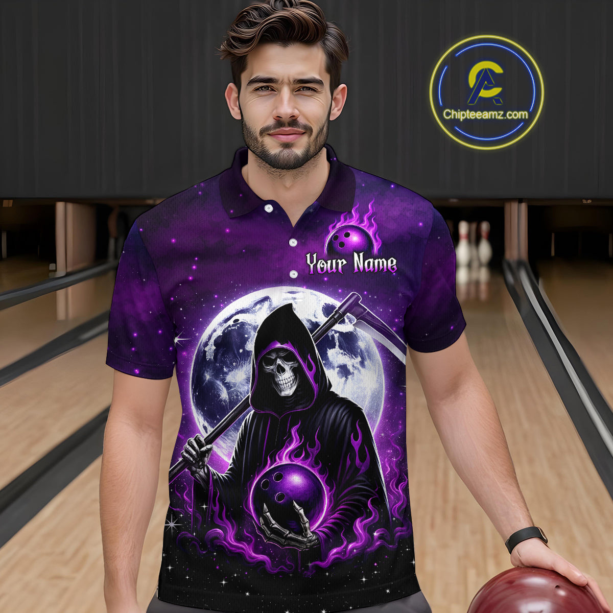 Custom Purple Skeleton Bowling Jersey for Men Bowling Uniform Polo & 1/4 Zip Bowling Team Shirts HNT109