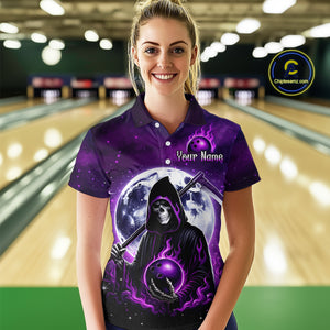 Custom Purple Skeleton Bowling Jersey for Women Bowling Uniform Polo & 1/4 Zip Bowling Team Shirts HNT109