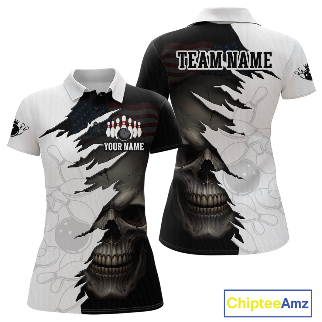 Custom Black White Skull Bowling Jersey for Women Bowling Polo & 1/4 Zip Bowling Team Shirts HNT111