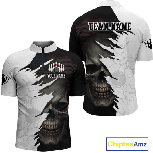 Custom Black White Skull Bowling Jersey for Men Bowling Polo & 1/4 Zip Bowling Team Shirts HNT111