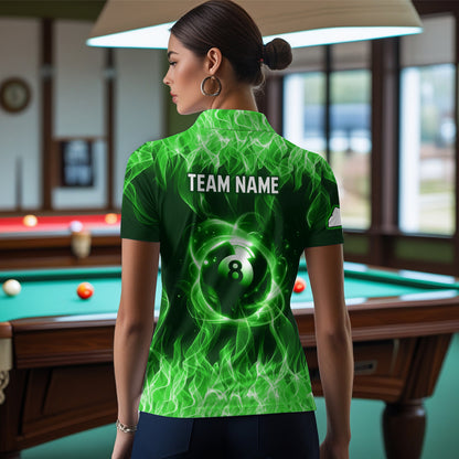Green Flaming 8 Ball Pool Shirts Women Billiard Polo & 1/4 Zip Shirts Billiard Team Jerseys NNT10