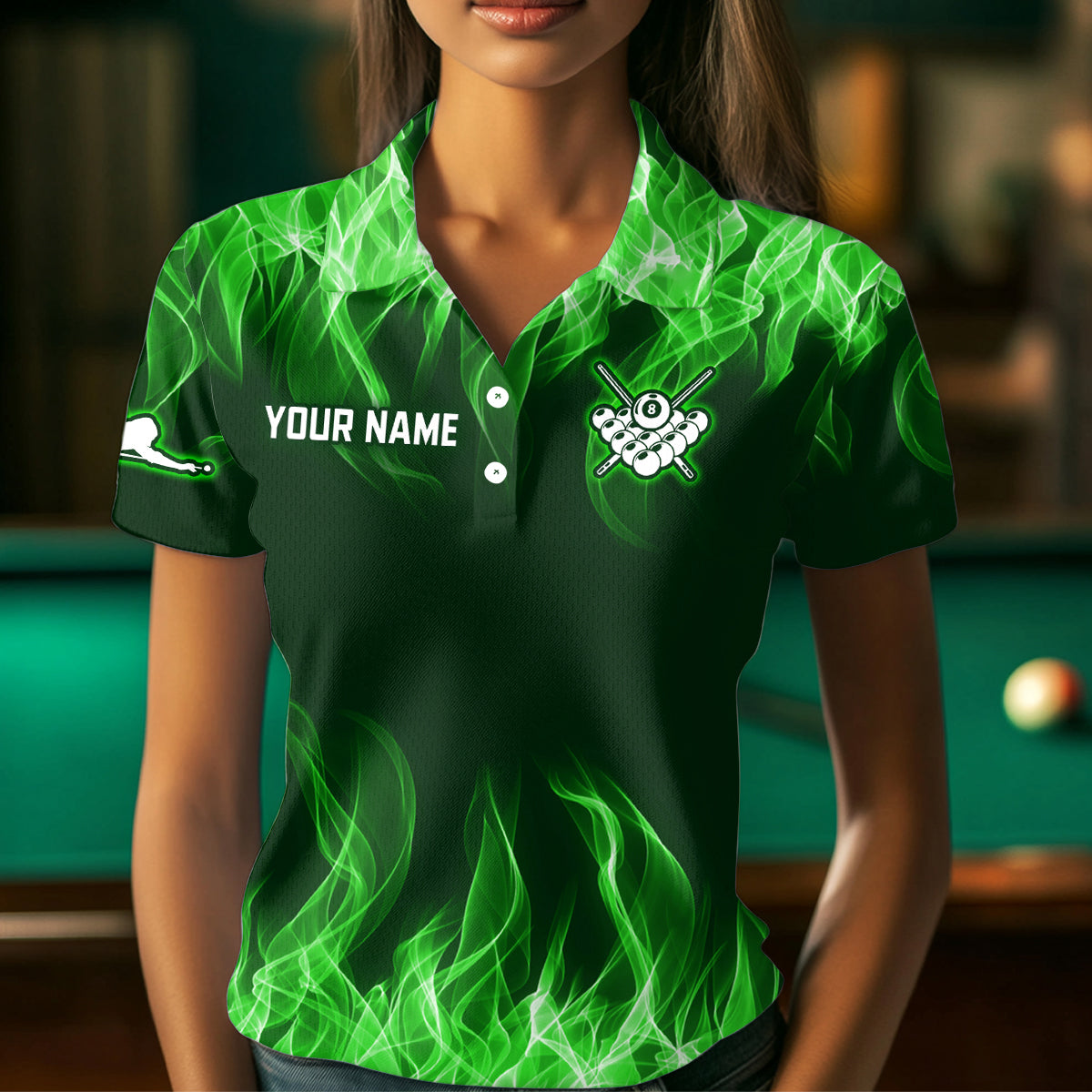 Green Flaming 8 Ball Pool Shirts Women Billiard Polo & 1/4 Zip Shirts Billiard Team Jerseys NNT10