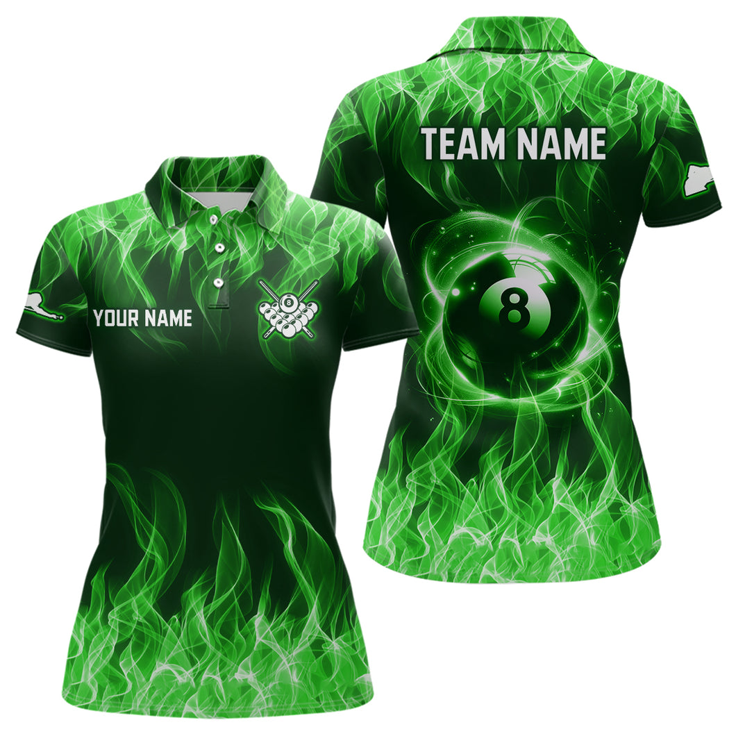Green Flaming 8 Ball Pool Shirts Women Billiard Polo & 1/4 Zip Shirts Billiard Team Jerseys NNT10
