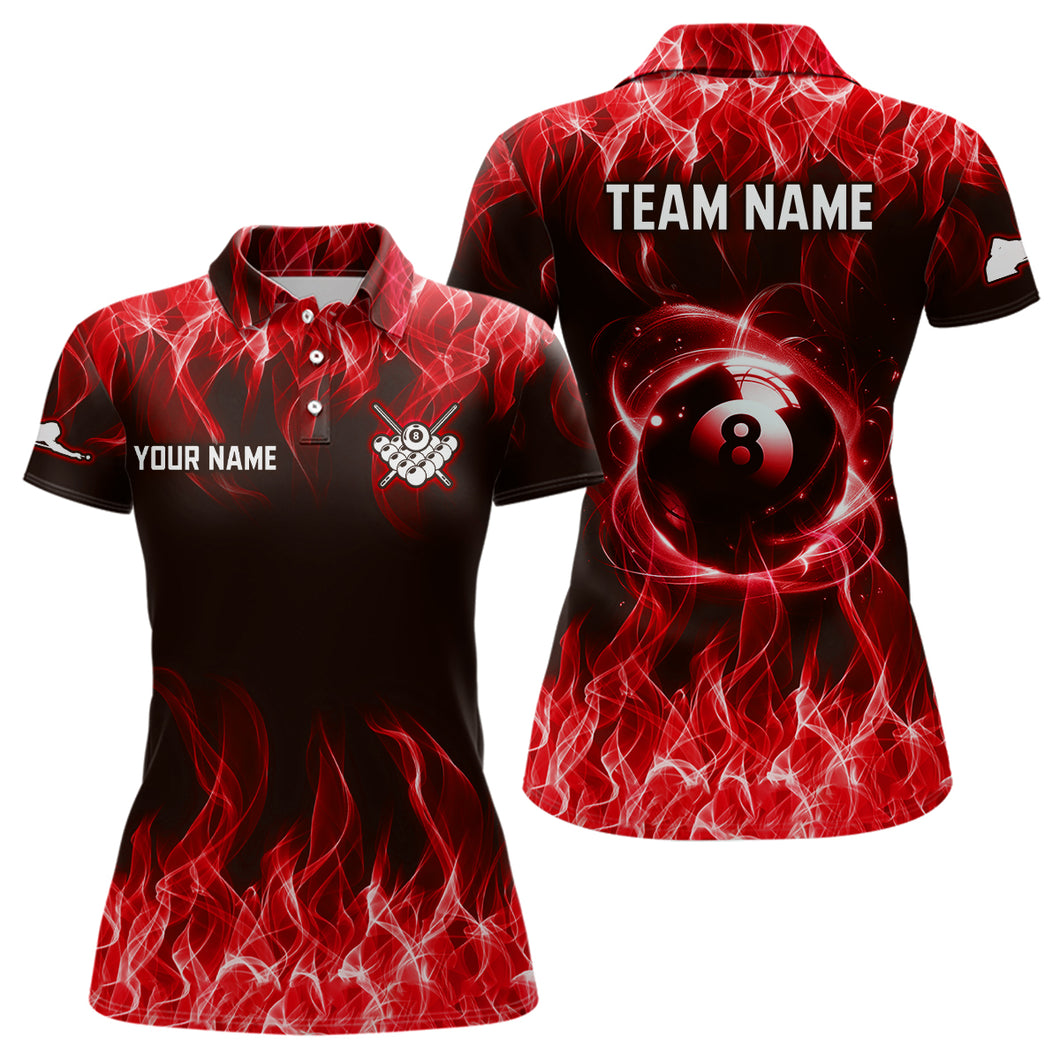 Red Flaming 8 Ball Pool Shirts Women Billiard Polo & 1/4 Zip Shirts Billiard Team Jerseys NNT10
