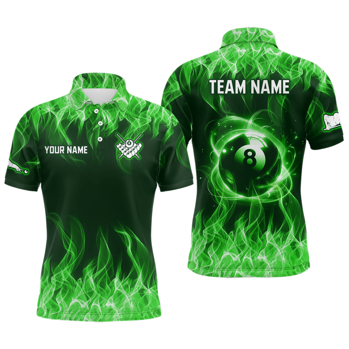 Green Flaming 8 Ball Pool Shirts Men Billiard Polo & 1/4 Zip Shirts Billiard Team Jerseys NNT10