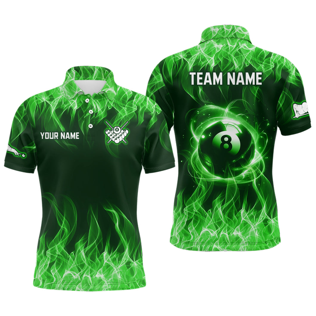 Green Flaming 8 Ball Pool Shirts Men Billiard Polo & 1/4 Zip Shirts Billiard Team Jerseys NNT10