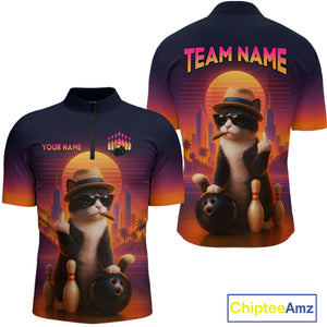 Custom Funny Cat Bowling Jersey for Men Bowling Uniform Polo & 1/4 Zip Bowling Team Shirts HNT114