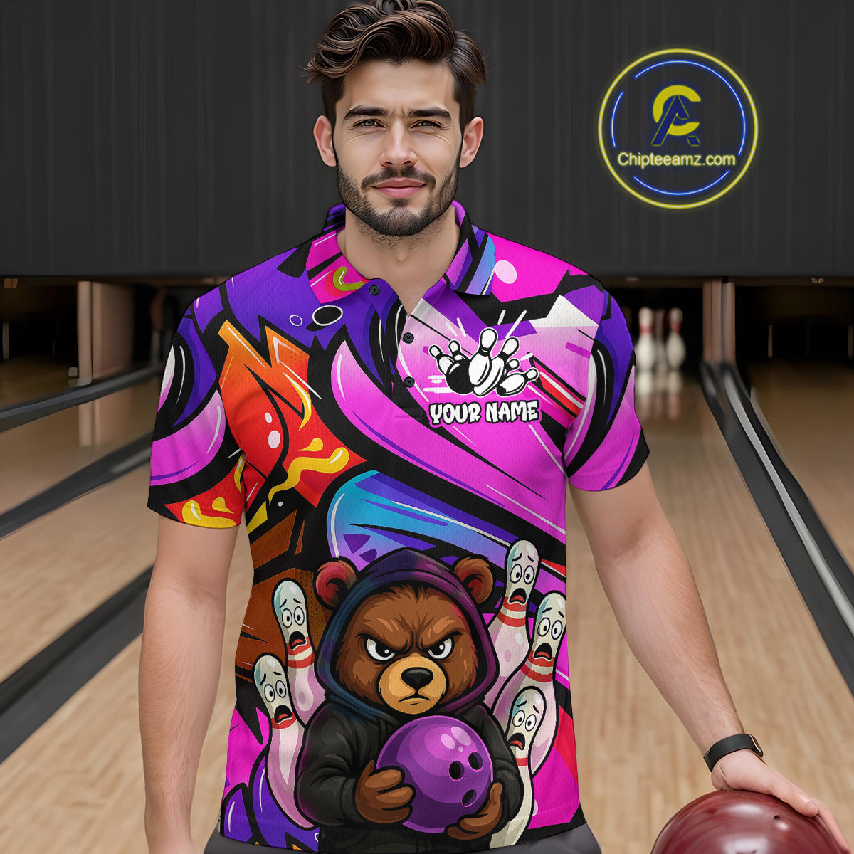 Custom Funny Bear Bowling Men Bowling Shirt Polo & Quarter-Zip Bowling Team Jerseys HNT84