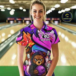 Custom Funny Bear Bowling Women Bowling Shirt Polo & Quarter-Zip Bowling Team Jerseys HNT84