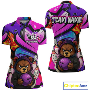 Custom Funny Bear Bowling Women Bowling Shirt Polo & Quarter-Zip Bowling Team Jerseys HNT84