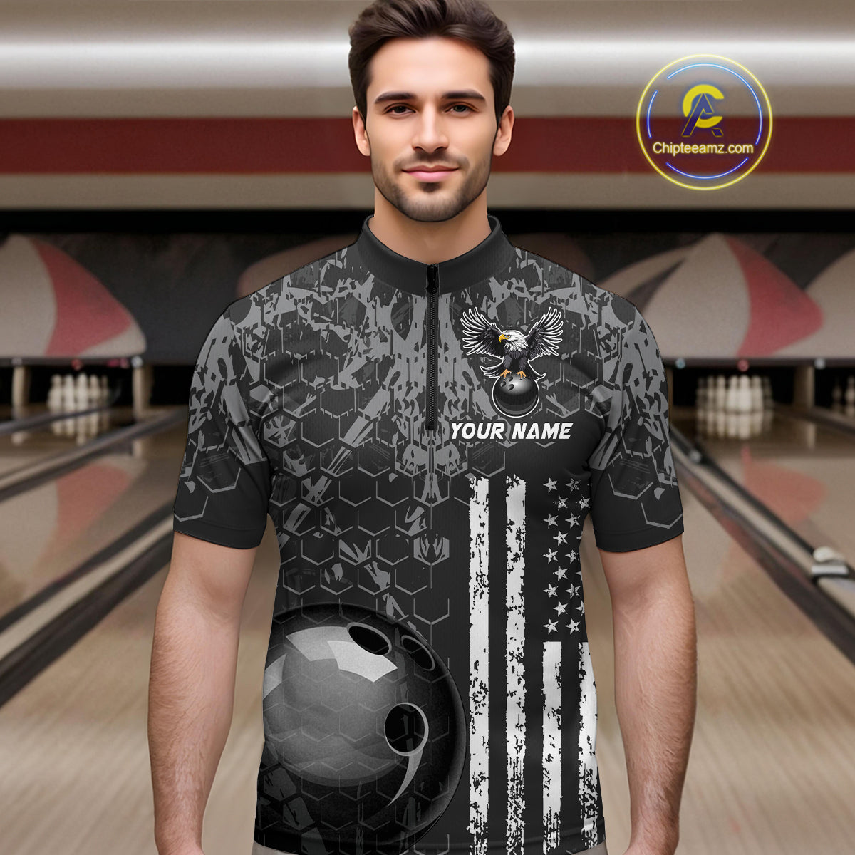 Custom Eagle US Flag Bowling Men Bowling Shirt Polo & Quarter-Zip Bowling Team Jerseys HNT87