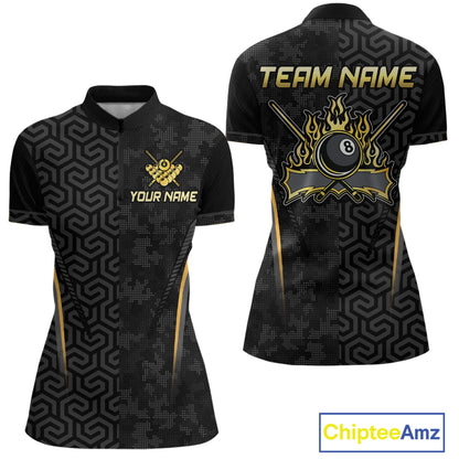 Custom Black Gold 8 Ball Flame Billiard Shirts for Women, Billiard Team Polo & 1/4 Zip Shirts NNT61