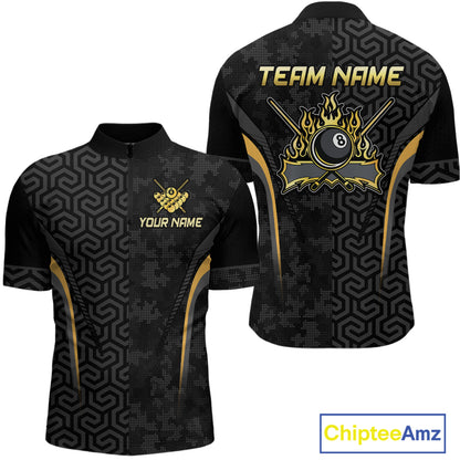 Custom Black Gold 8 Ball Flame Billiard Shirts for Men, Billiard Team Polo & 1/4 Zip Shirts NNT61