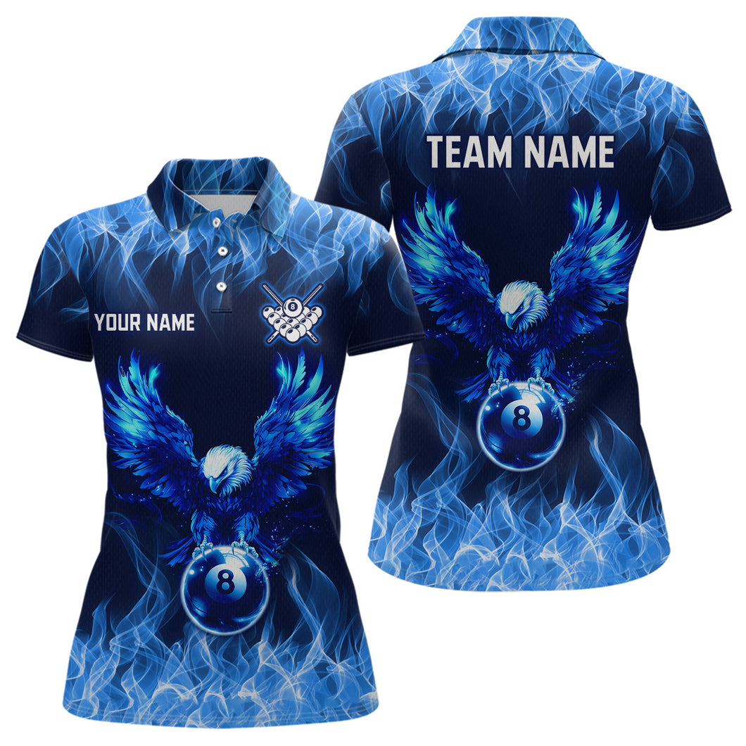Personalized Blue Eagle Flaming 8 Ball Pool Bliiard Polo & 1/4 Zip, Billiard Shirt for Women Team NNT36