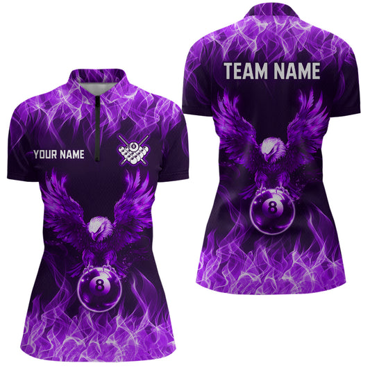 Personalized Purple Eagle Flaming 8 Ball Pool Bliiard Polo & 1/4 Zip, Billiard Shirt for Women, Billiard Team Jerseys NNT36