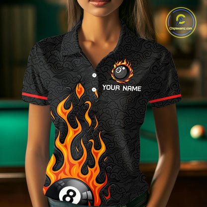 Custom 8 Ball Flame Billiard Shirts for Women Billiard Team Jerseys Polo & 1/4 Zip Shirts NNT50