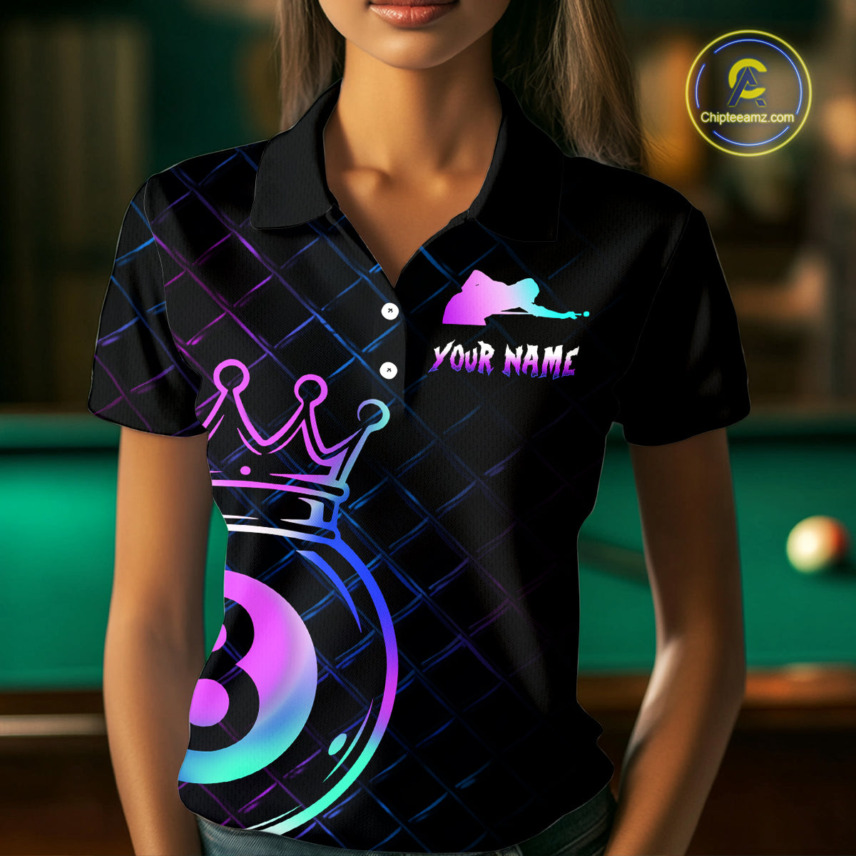 Custom Neon 8 Ball Crown Billiard Shirts for Women Billiard Team Jerseys Polo & 1/4 Zip Shirts NNT53