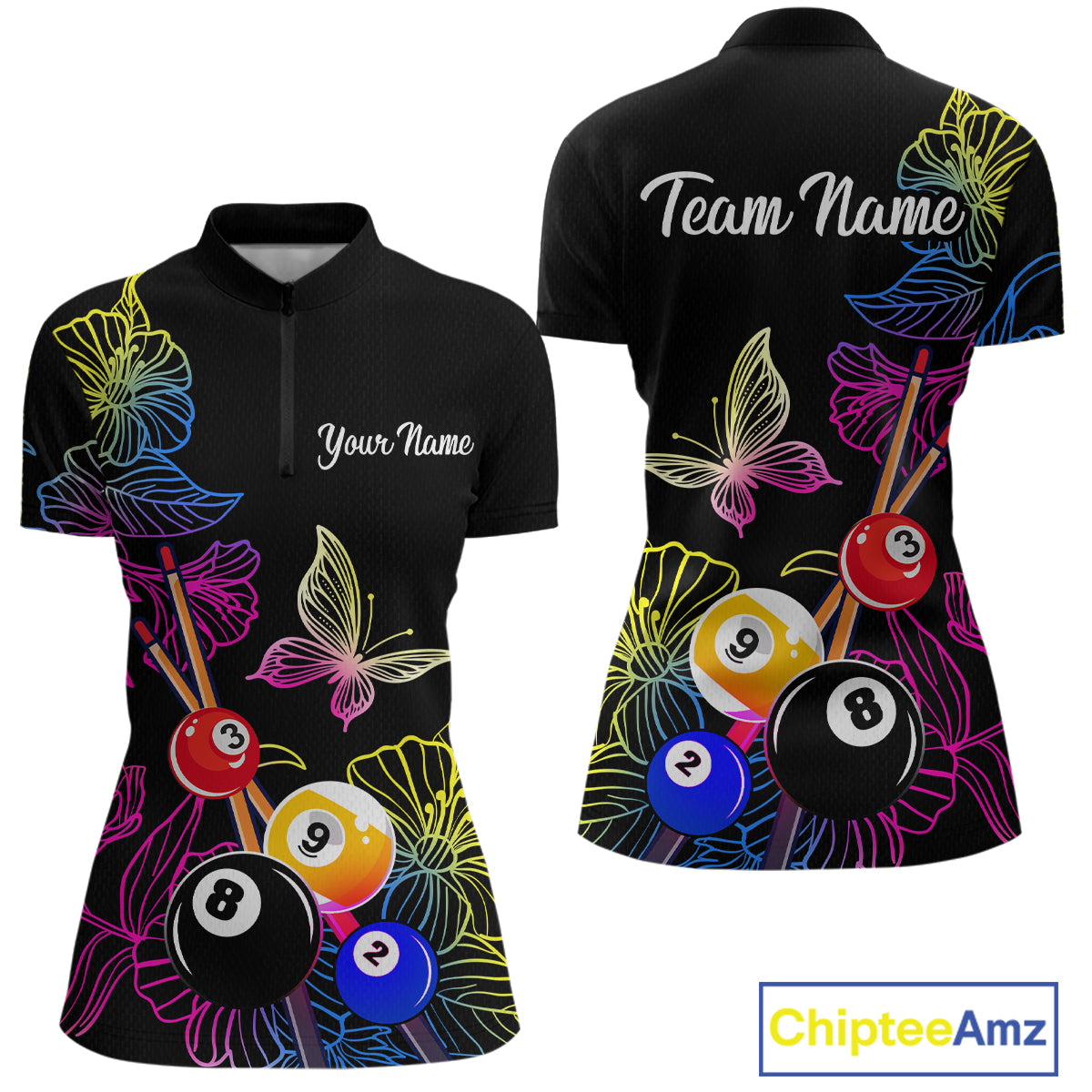 Custom Butterfiles Ball Billiard Shirts for Women Billiard Team Jerseys Polo & 1/4 Zip Shirts NNT51