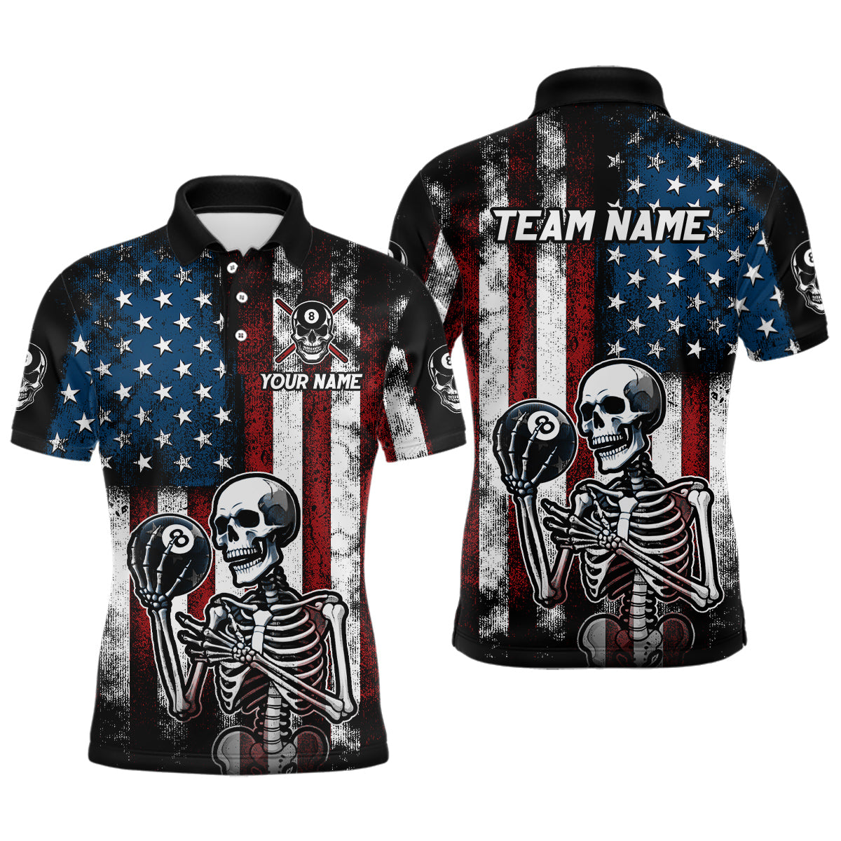 Custom US Skull 8 Ball Billiard Shirts for Men Billiard Team Shirts Billiard League Polo & 1/4 Zipper NNT86