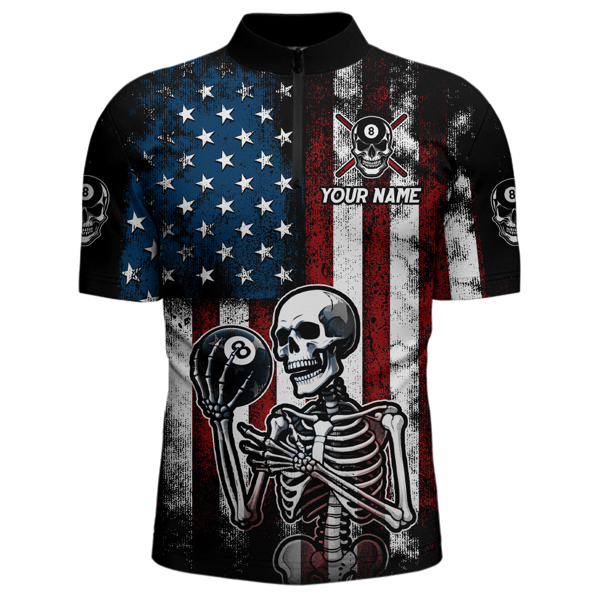 Custom US Skull 8 Ball Billiard Shirts for Men Billiard Team Shirts Billiard League Polo & 1/4 Zipper NNT86