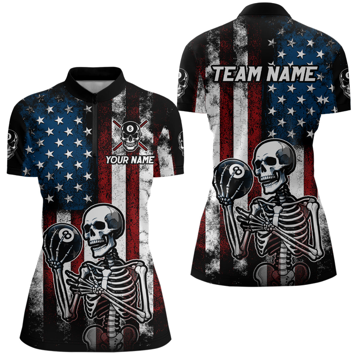Custom US Skull 8 Ball Billiard Shirts for Women Billiard Team Shirts Billiard League Polo & 1/4 Zipper NNT86